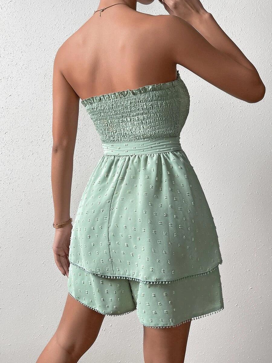 Trim Shirred Belted Tube Romper-Comfy Jumpsuits