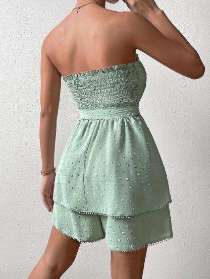 Trim Shirred Belted Tube Romper-Comfy Jumpsuits