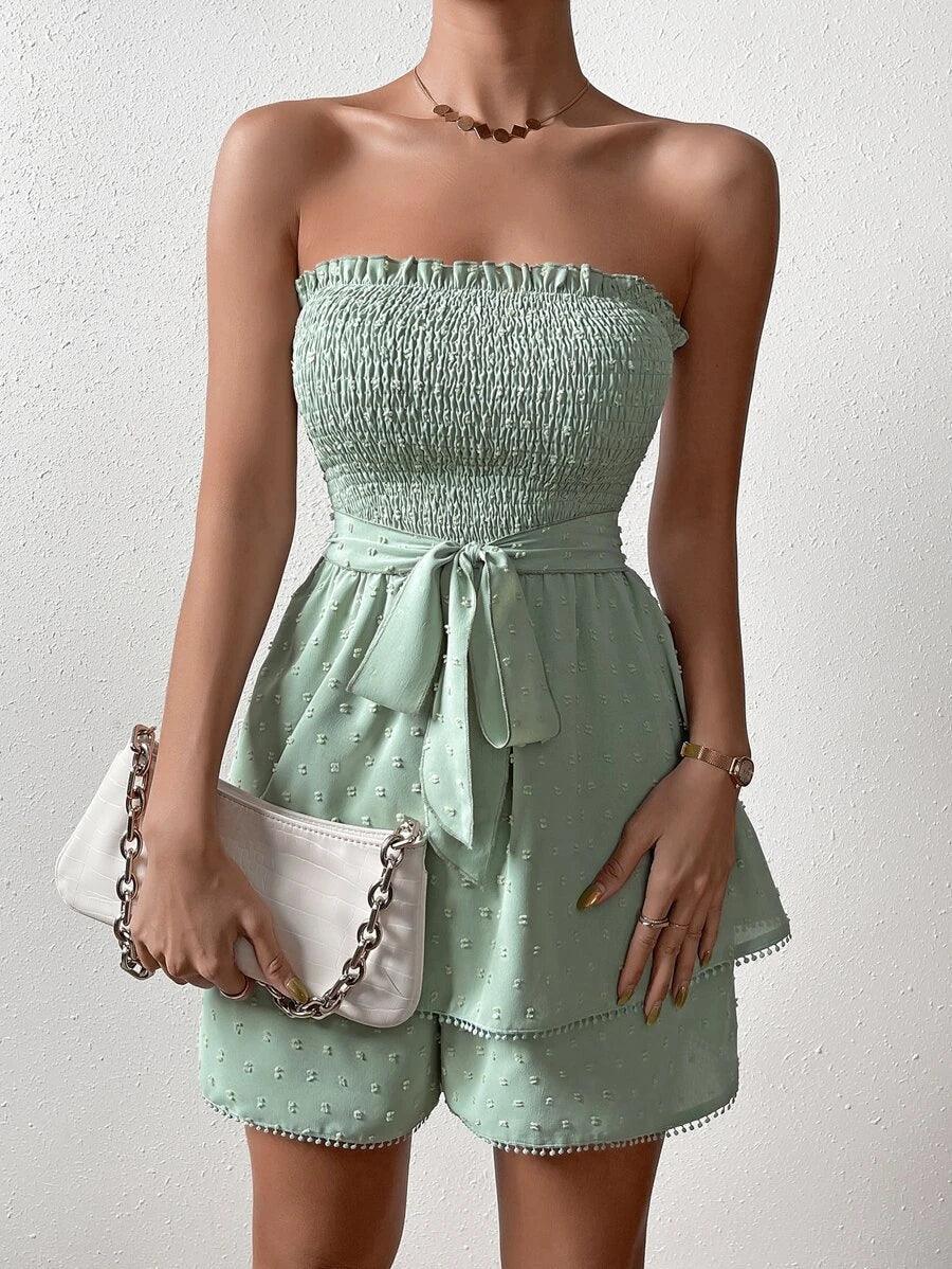 Trim Shirred Belted Tube Romper-Comfy Jumpsuits