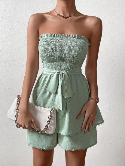 Trim Shirred Belted Tube Romper-Comfy Jumpsuits