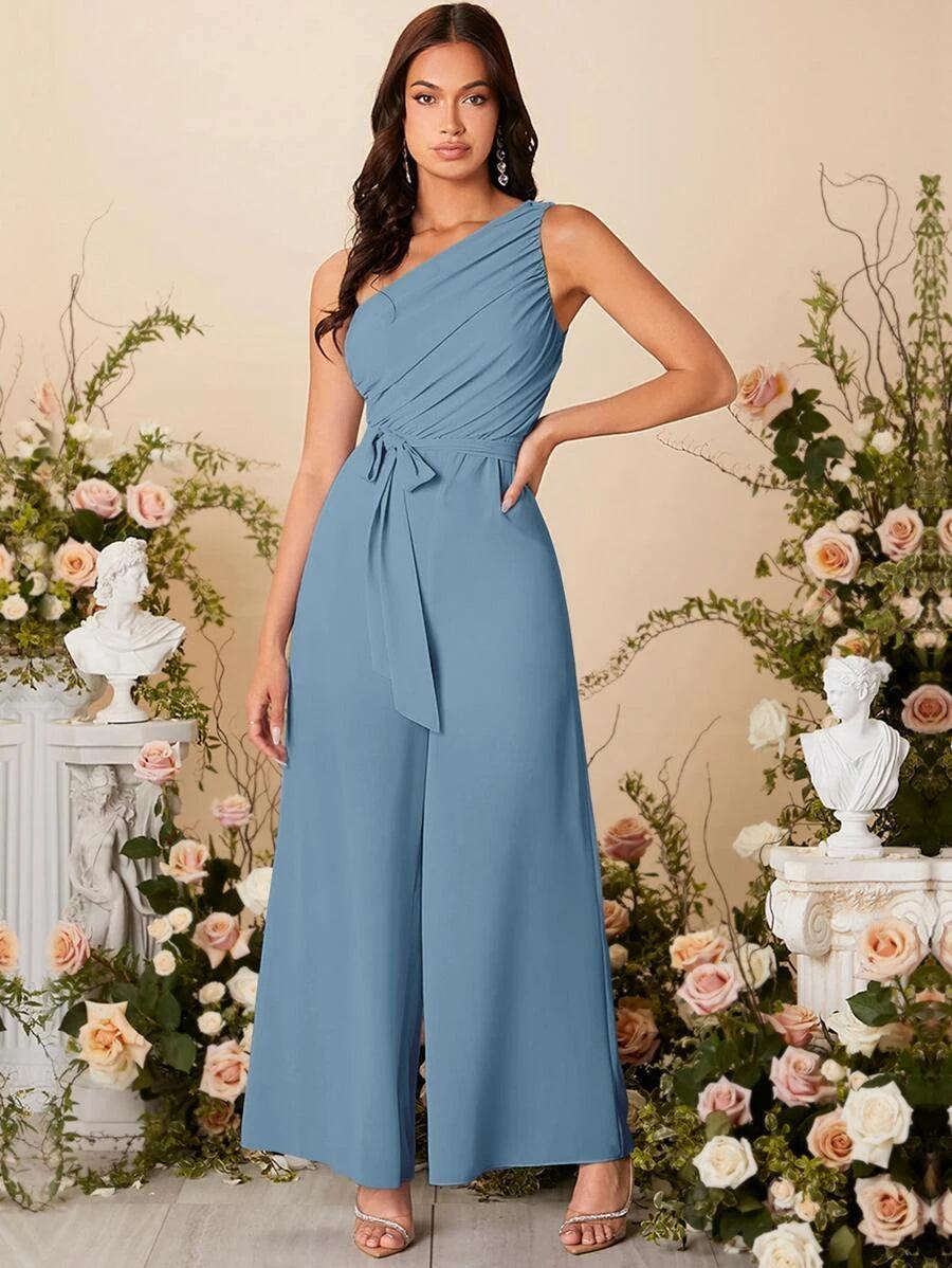 One Shoulder Ruched Wide Leg Flared Jumpsuit-Comfy Jumpsuits