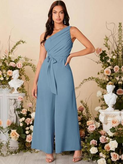 One Shoulder Ruched Wide Leg Flared Jumpsuit-Comfy Jumpsuits