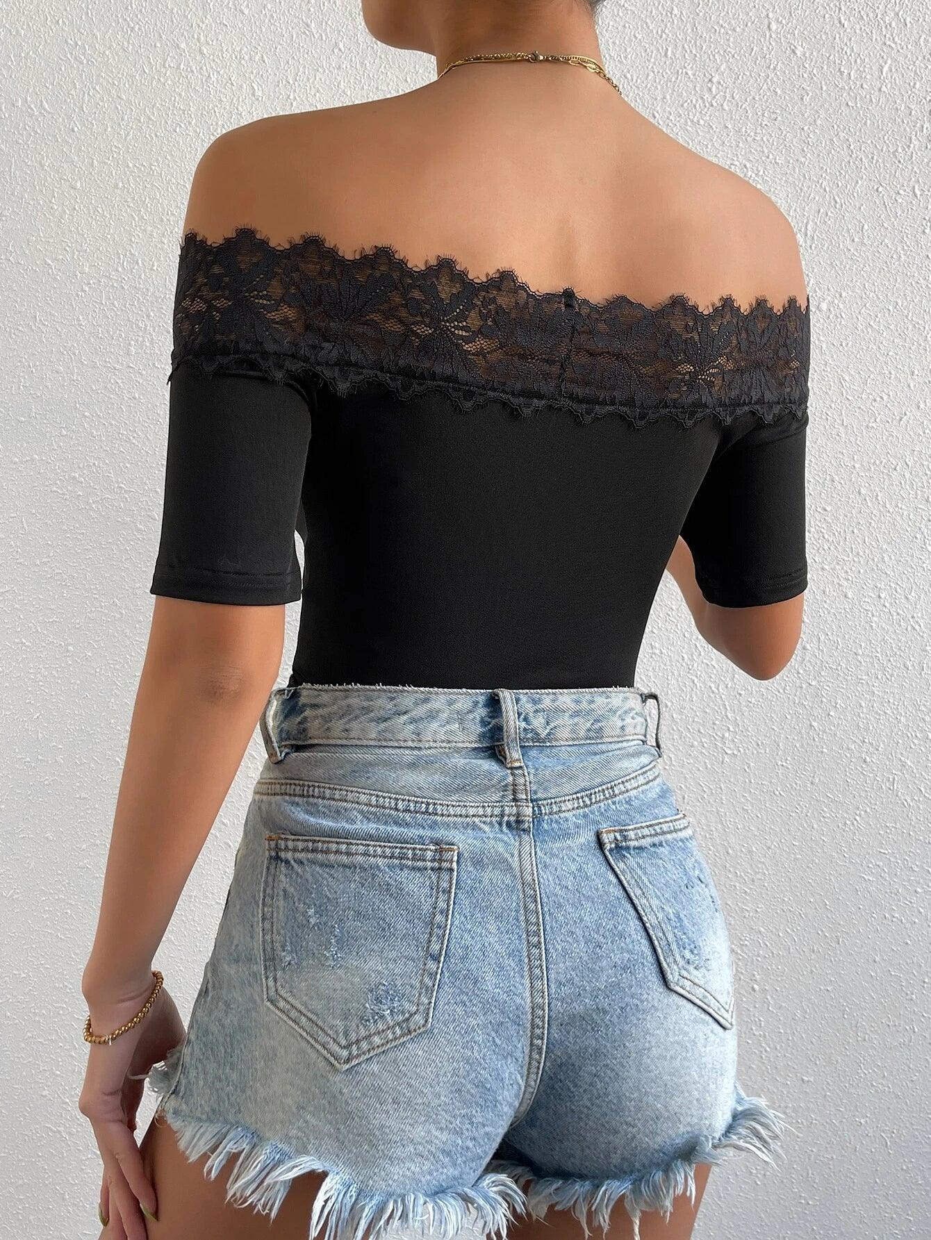 Off Shoulder Lace Trim Bodysuit-Comfy Jumpsuits