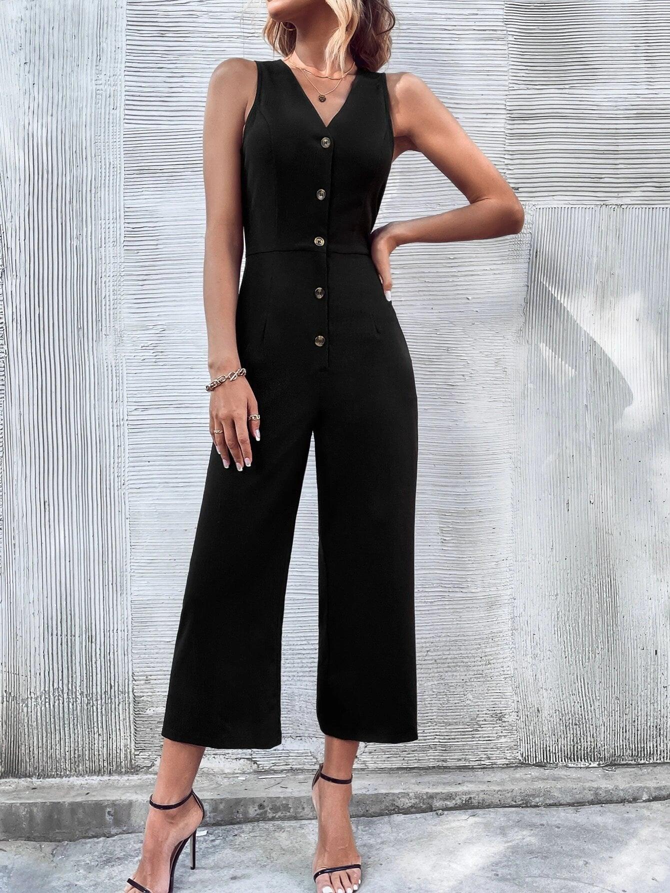 Button Front Sleeveless Jumpsuit-Comfy Jumpsuits