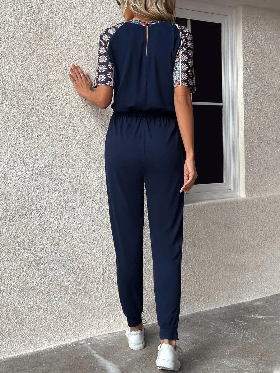Floral & Geo Print Raglan Sleeve Drawstring Waist Slant Pockets Jumpsuit-Comfy Jumpsuits