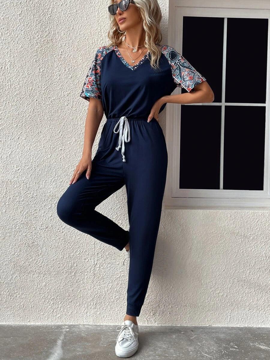 Floral & Geo Print Raglan Sleeve Drawstring Waist Slant Pockets Jumpsuit-Comfy Jumpsuits