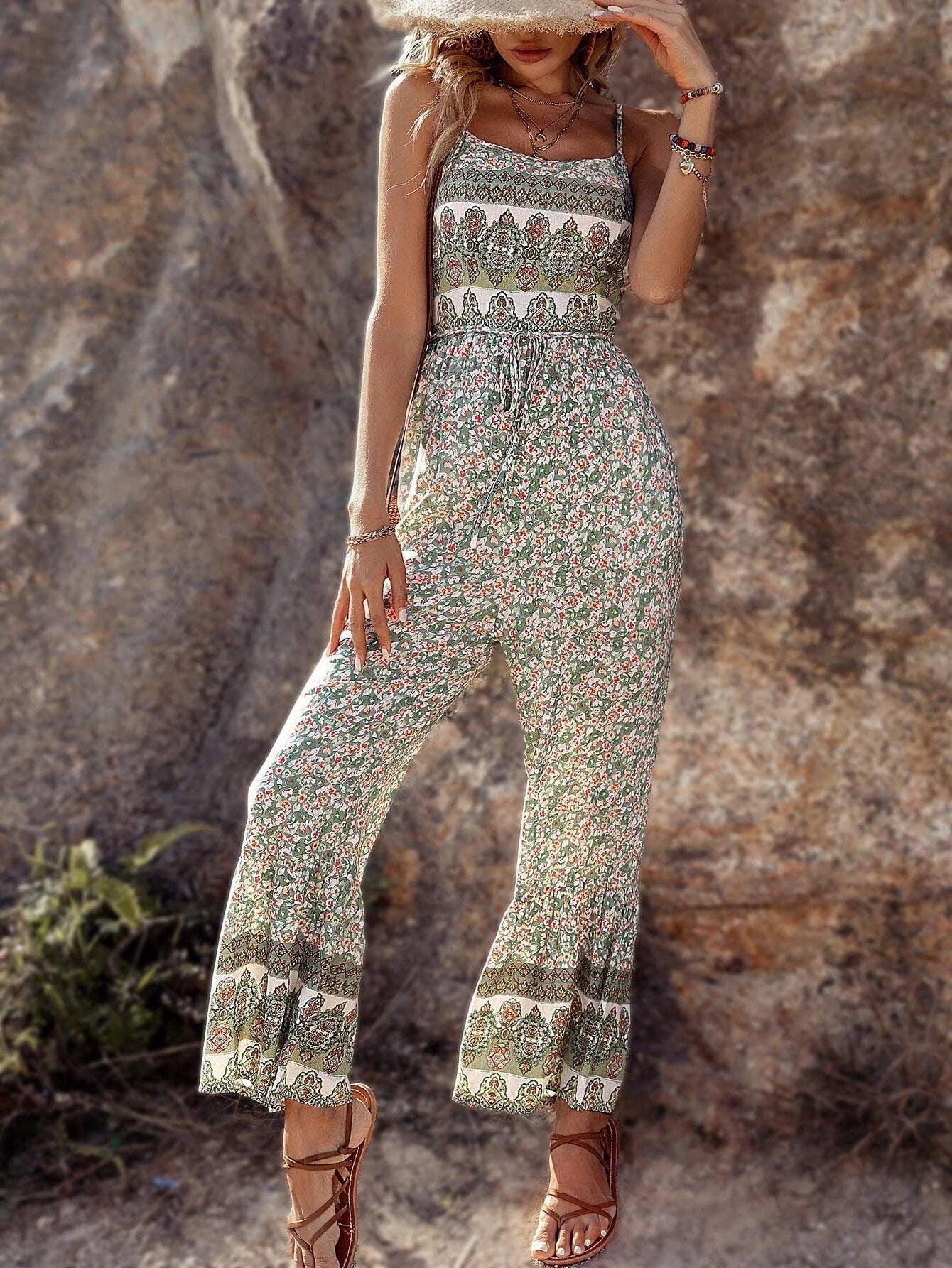Long Floral Print Cami Jumpsuit-Comfy Jumpsuits