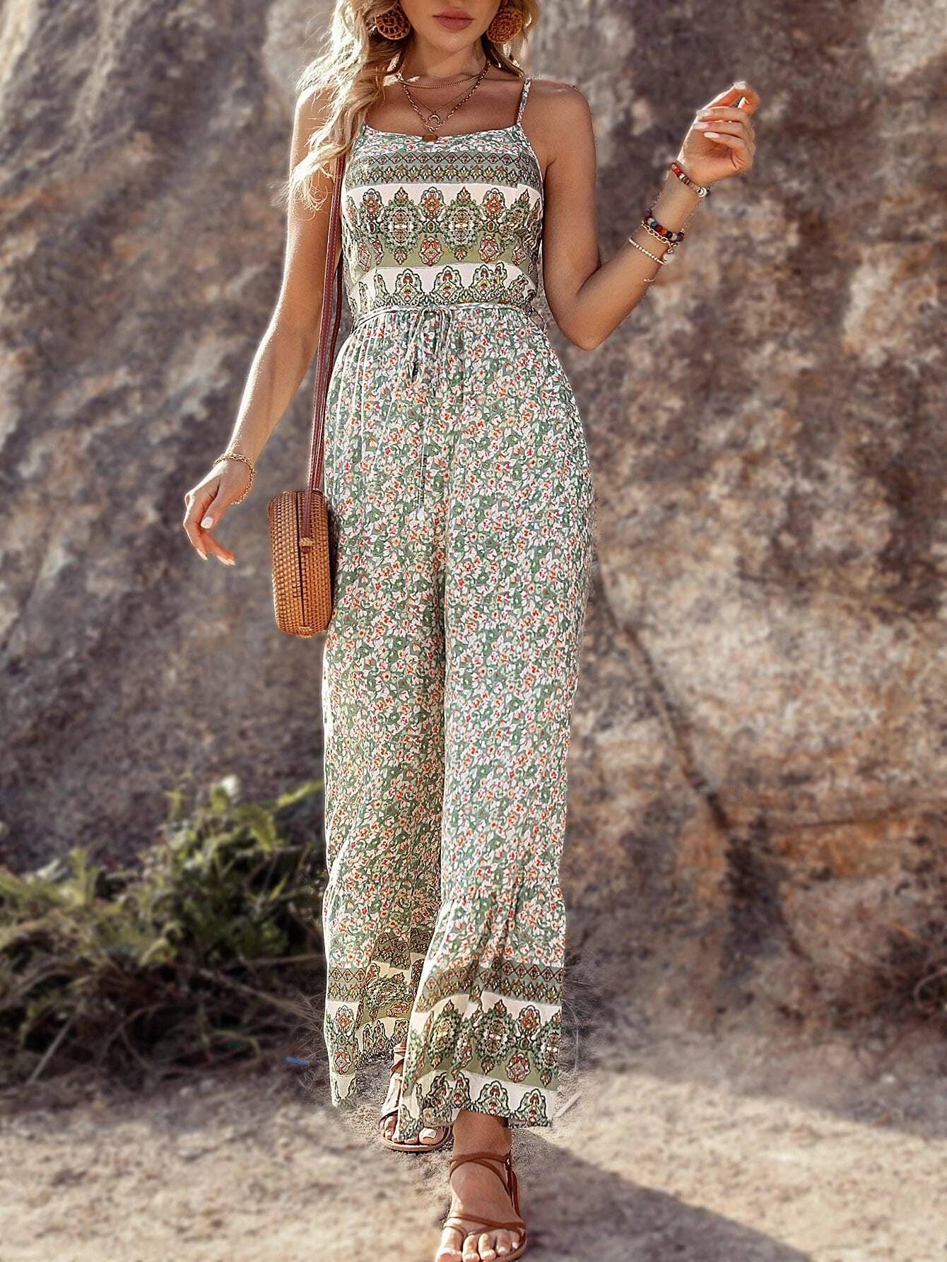 Long Floral Print Cami Jumpsuit-Comfy Jumpsuits