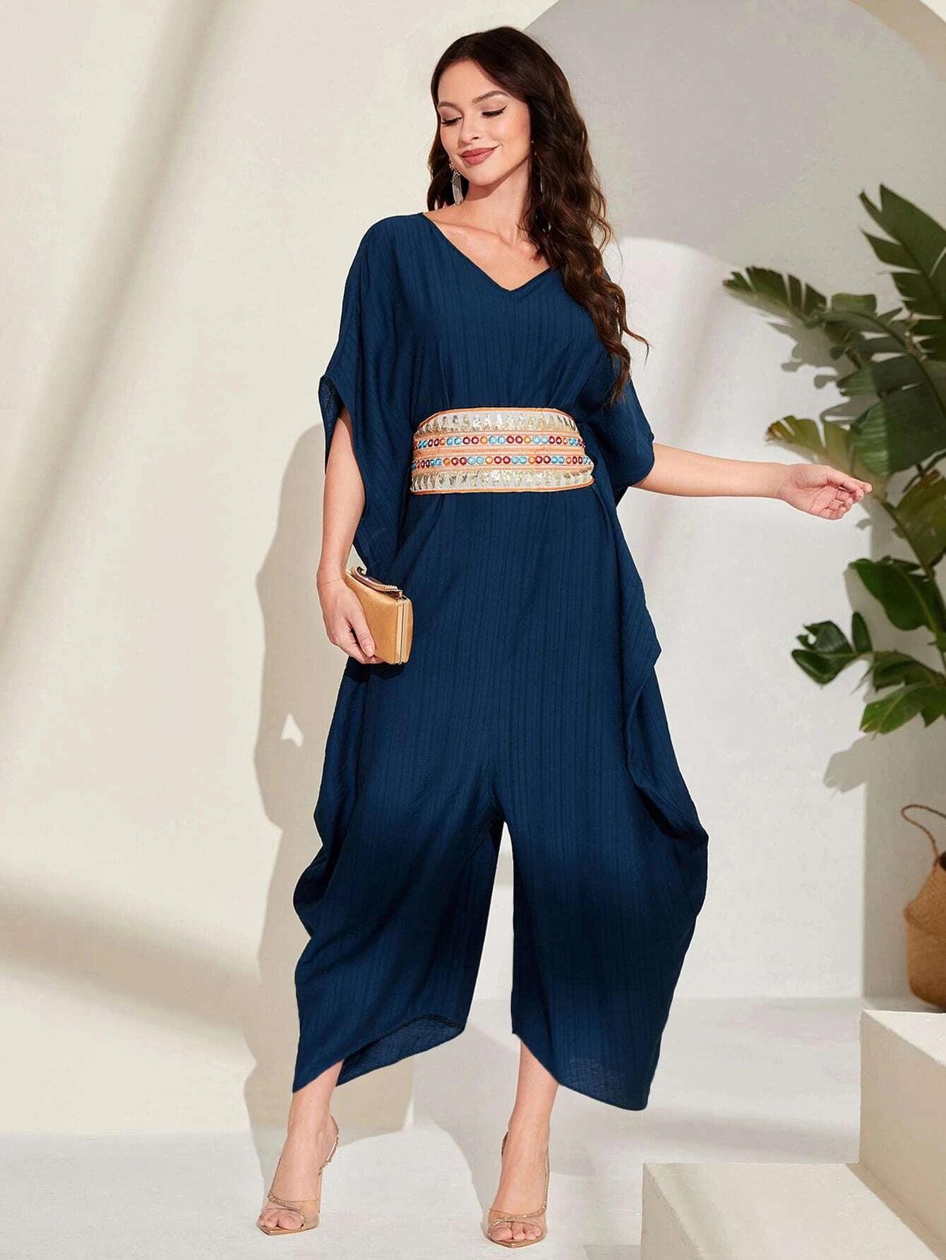 Embroidery Batwing Sleeve Belted Jumpsuit-Comfy Jumpsuits