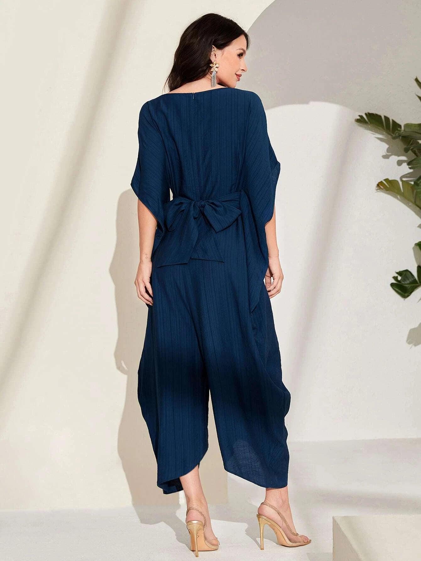 Embroidery Batwing Sleeve Belted Jumpsuit-Comfy Jumpsuits