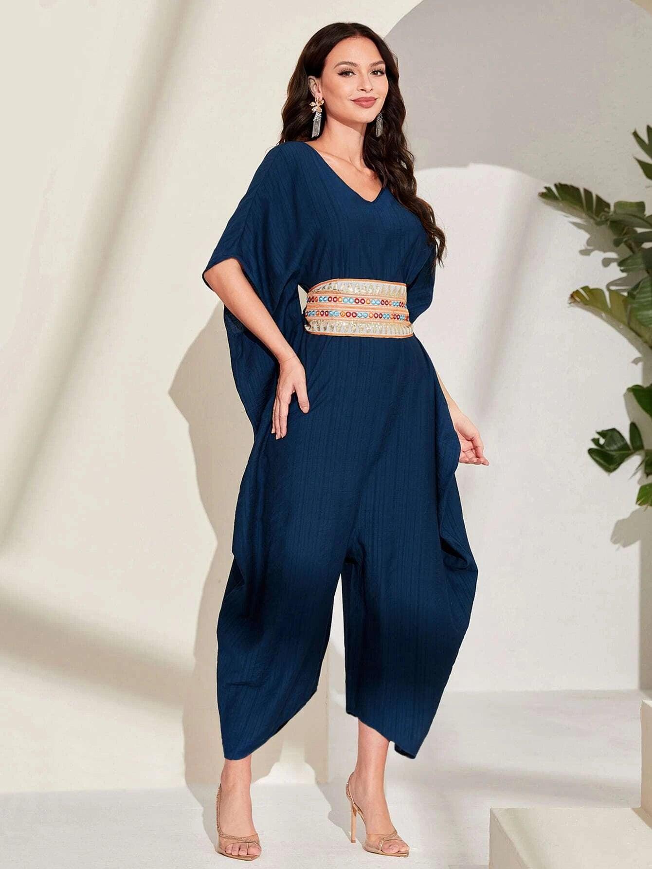 Embroidery Batwing Sleeve Belted Jumpsuit-Comfy Jumpsuits