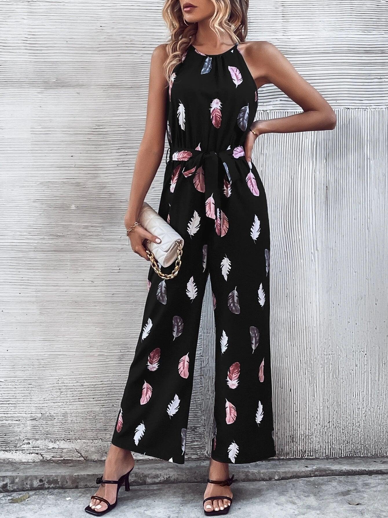 Print Belted Halter Jumpsuit-Comfy Jumpsuits