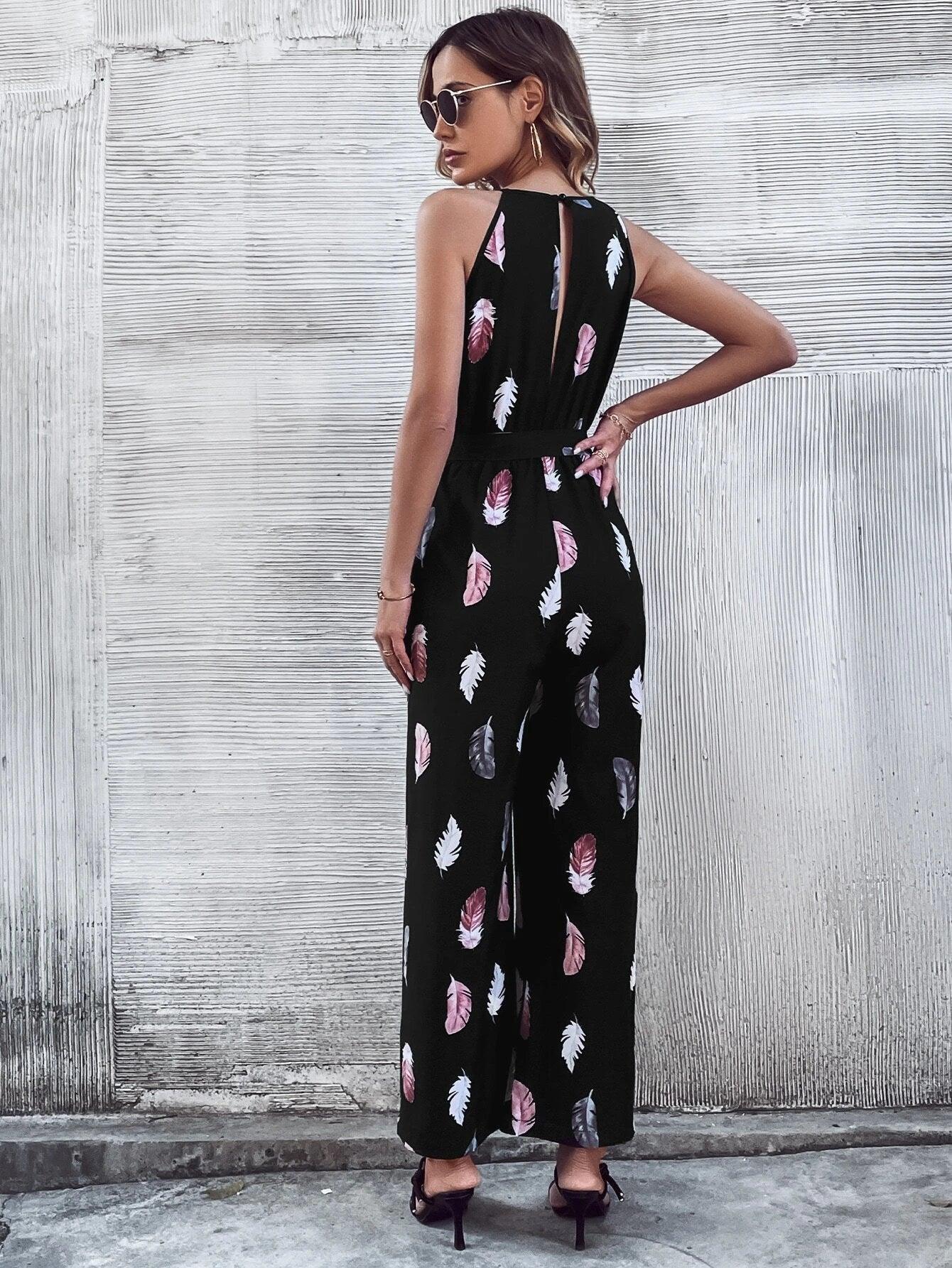 Print Belted Halter Jumpsuit-Comfy Jumpsuits