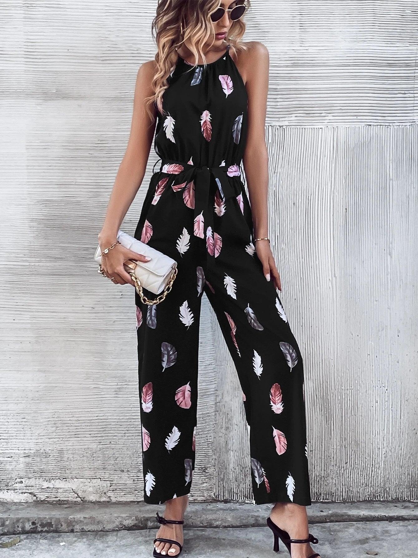 Print Belted Halter Jumpsuit-Comfy Jumpsuits