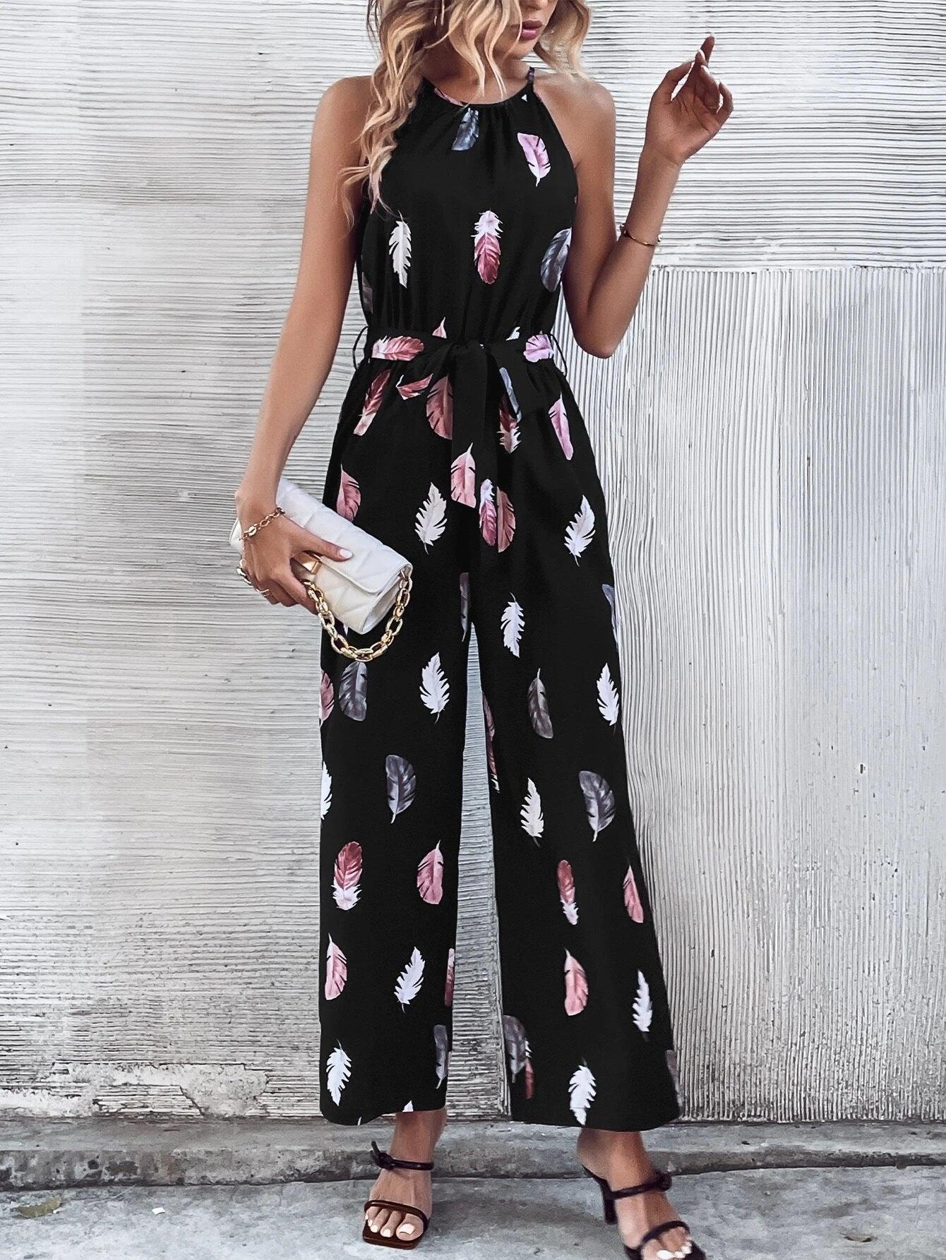 Print Belted Halter Jumpsuit-Comfy Jumpsuits