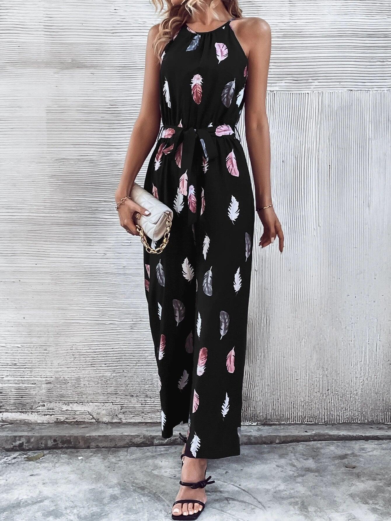Print Belted Halter Jumpsuit-Comfy Jumpsuits
