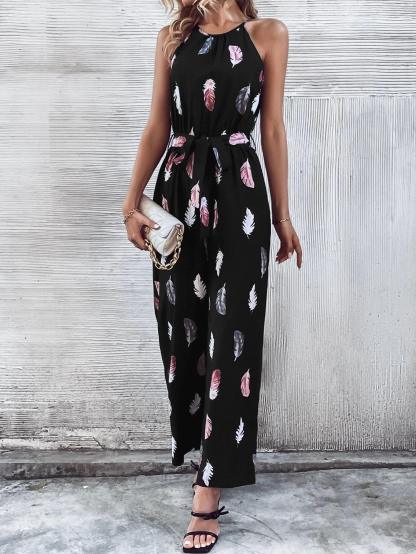 Print Belted Halter Jumpsuit-Comfy Jumpsuits