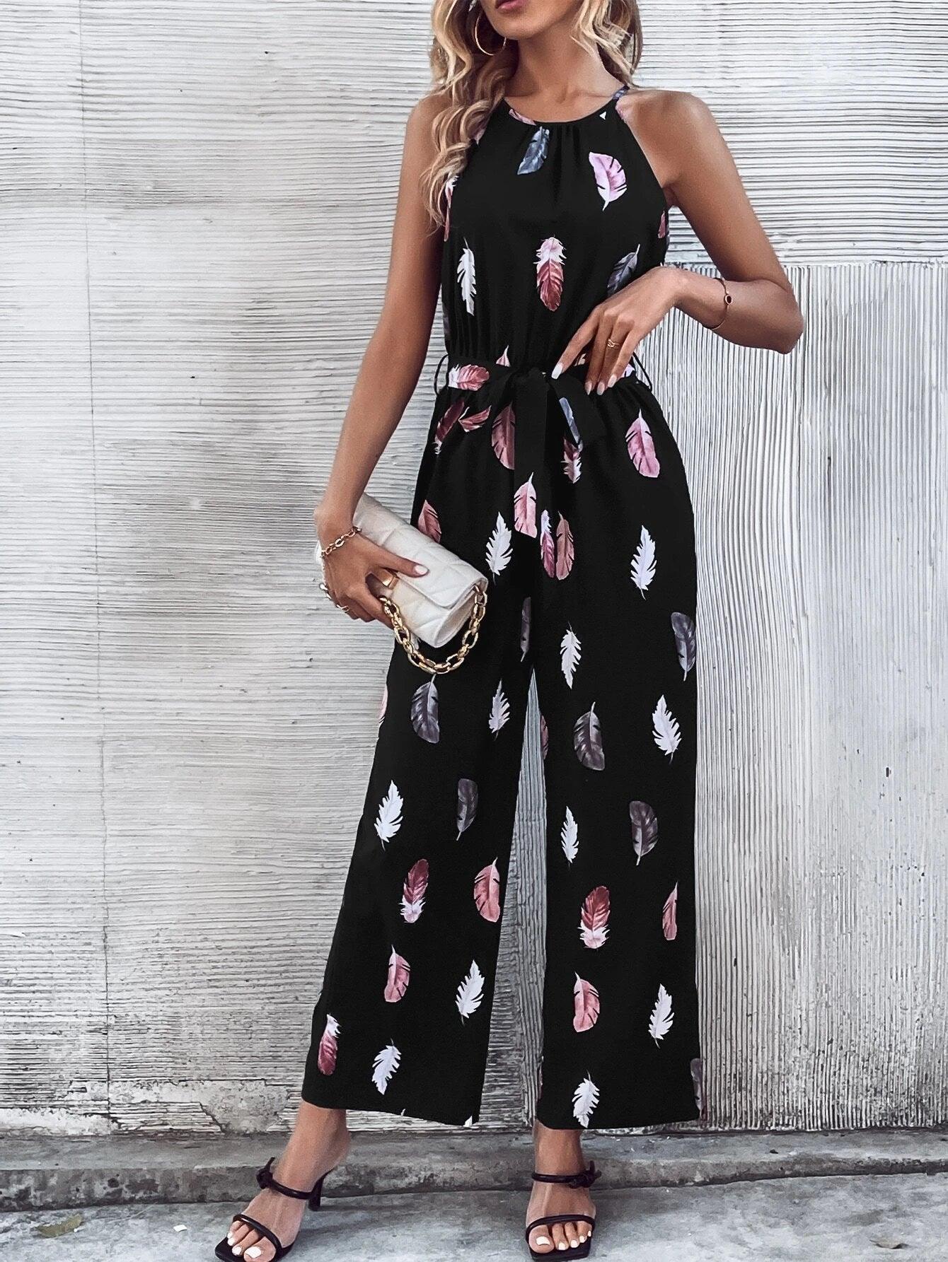 Print Belted Halter Jumpsuit-Comfy Jumpsuits