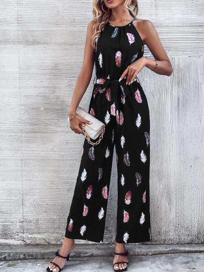 Print Belted Halter Jumpsuit-Comfy Jumpsuits