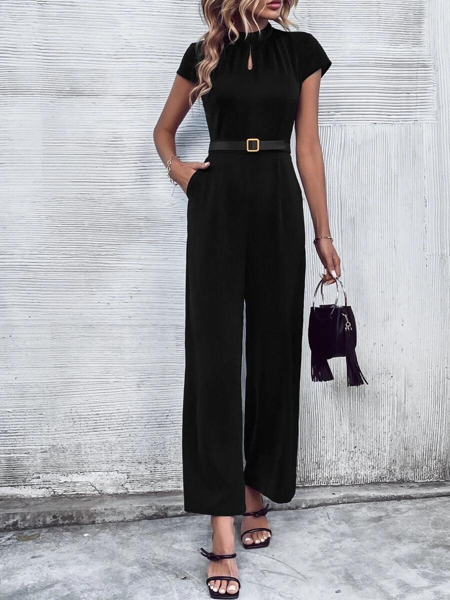 Keyhole Neckline Wide Leg Jumpsuit-Comfy Jumpsuits