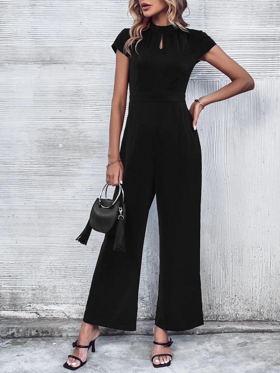 Keyhole Neckline Wide Leg Jumpsuit-Comfy Jumpsuits