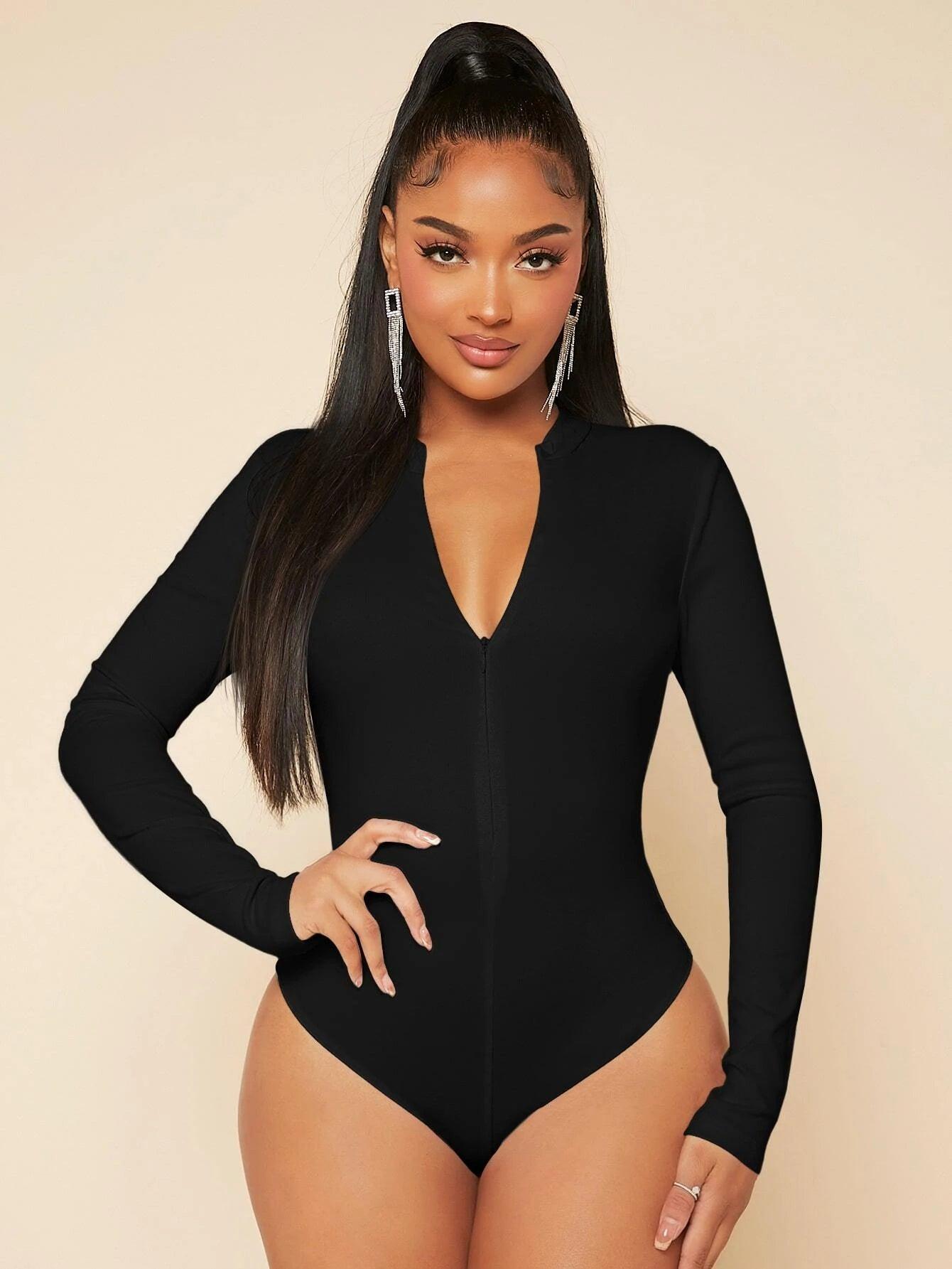 Zip Up Slim Fit Bodysuit-Comfy Jumpsuits