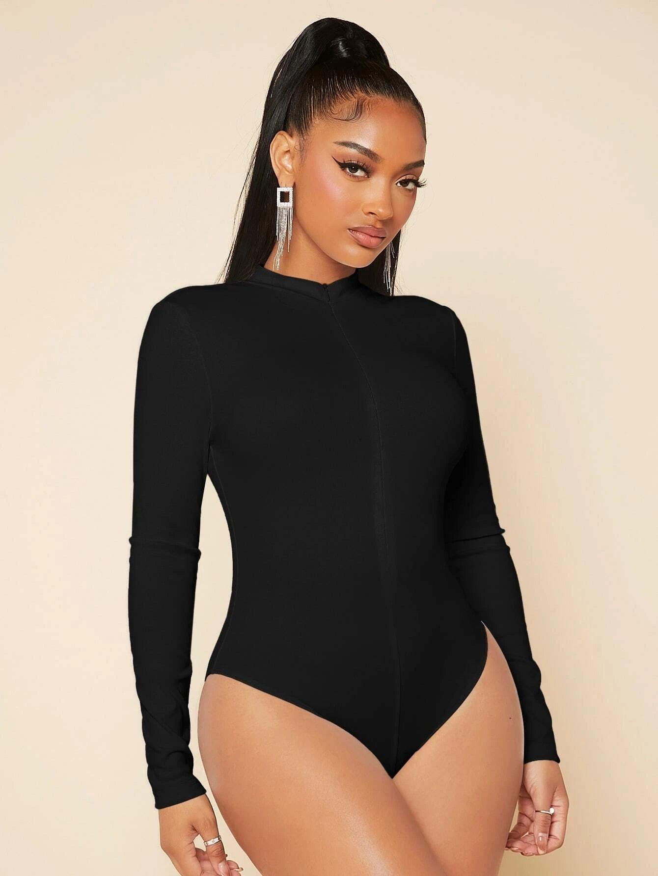 Zip Up Slim Fit Bodysuit-Comfy Jumpsuits