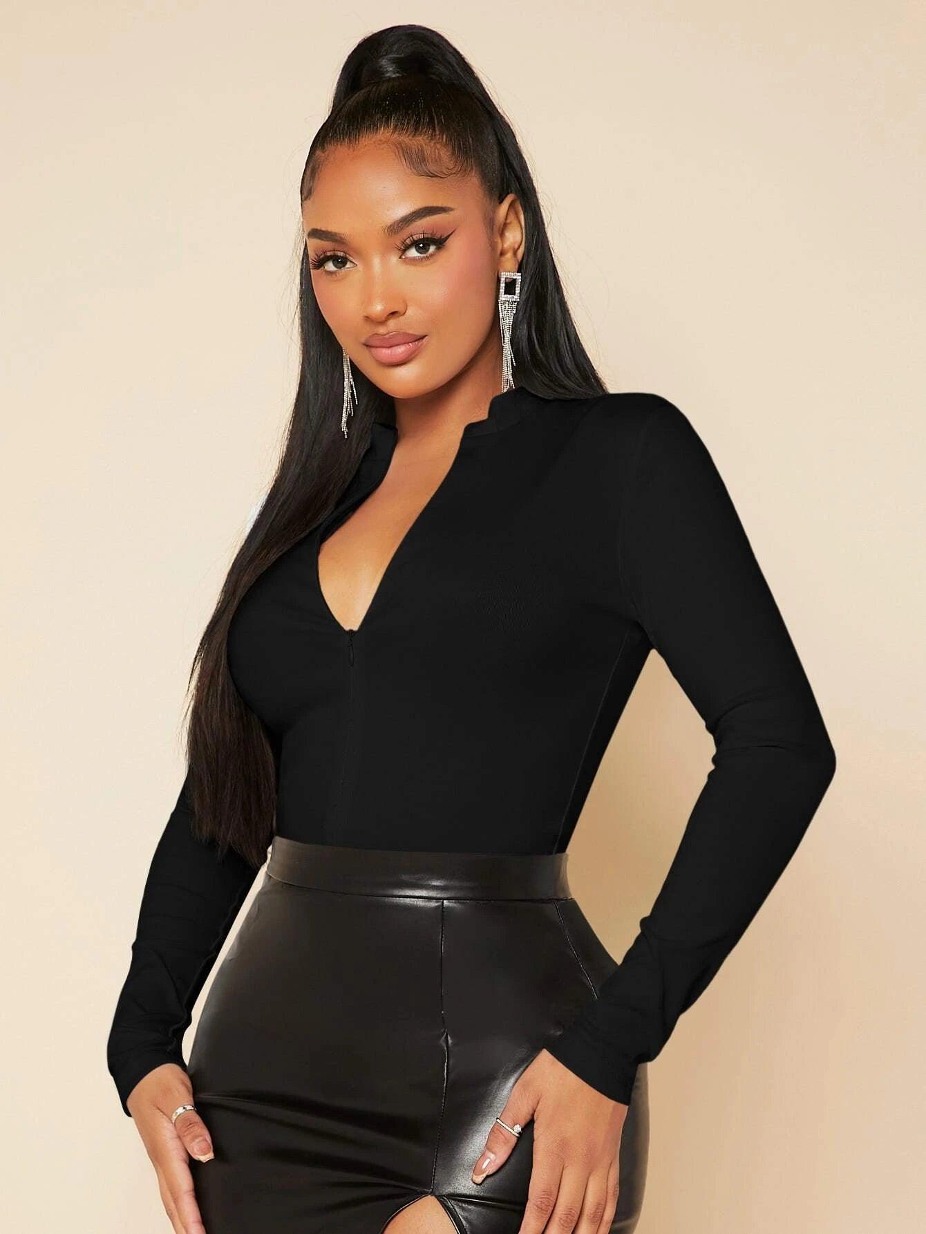 Zip Up Slim Fit Bodysuit-Comfy Jumpsuits