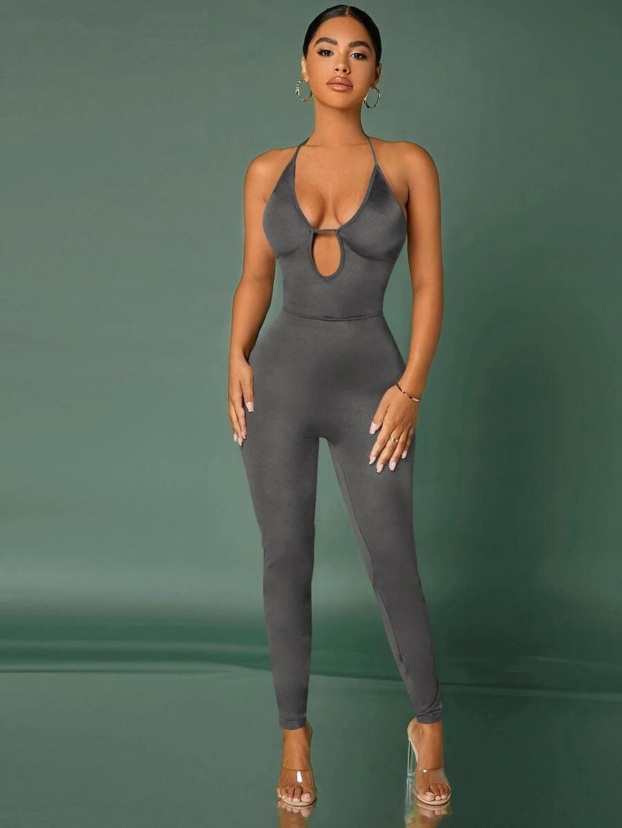Backless Cut Out Plunging Neck Halter Jumpsuit-Comfy Jumpsuits