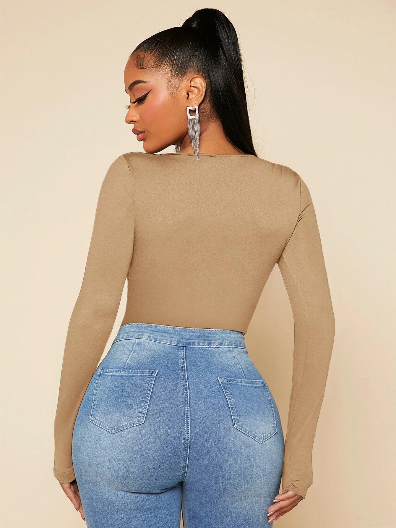 Square Neck Slim Fit Bodysuits-Comfy Jumpsuits