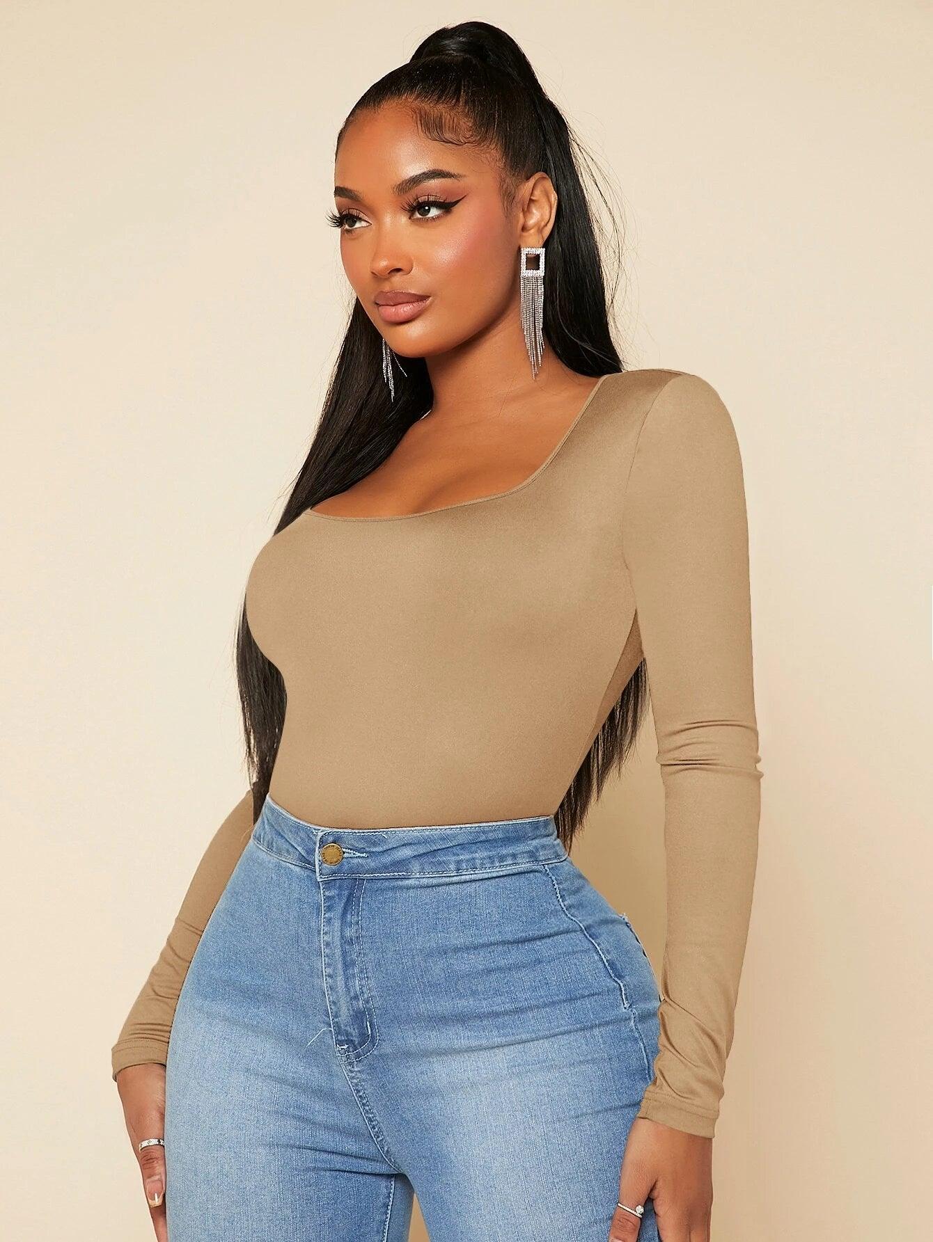 Square Neck Slim Fit Bodysuits-Comfy Jumpsuits