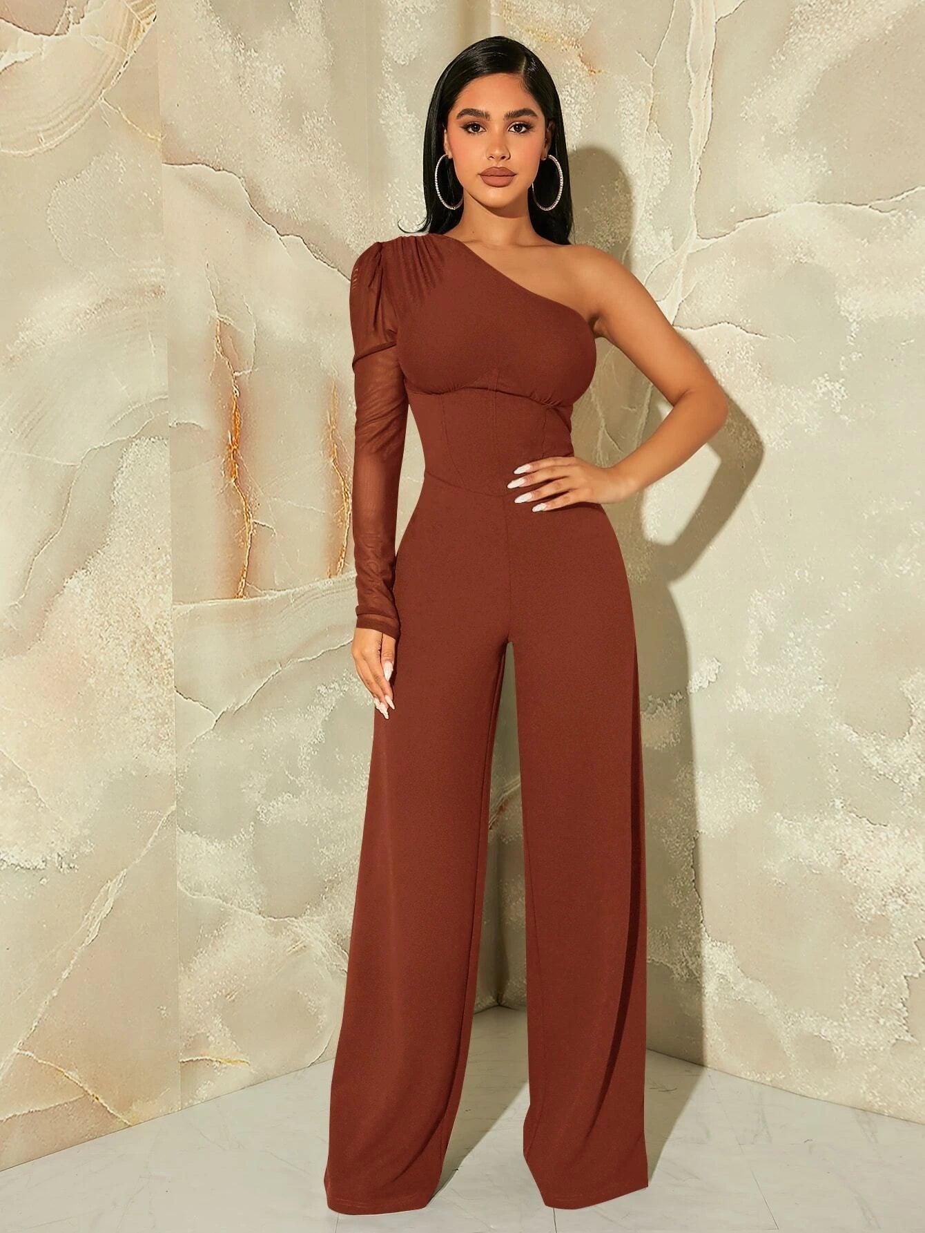One Shoulder Contrast Mesh Puff Sleeve Jumpsuit-Comfy Jumpsuits