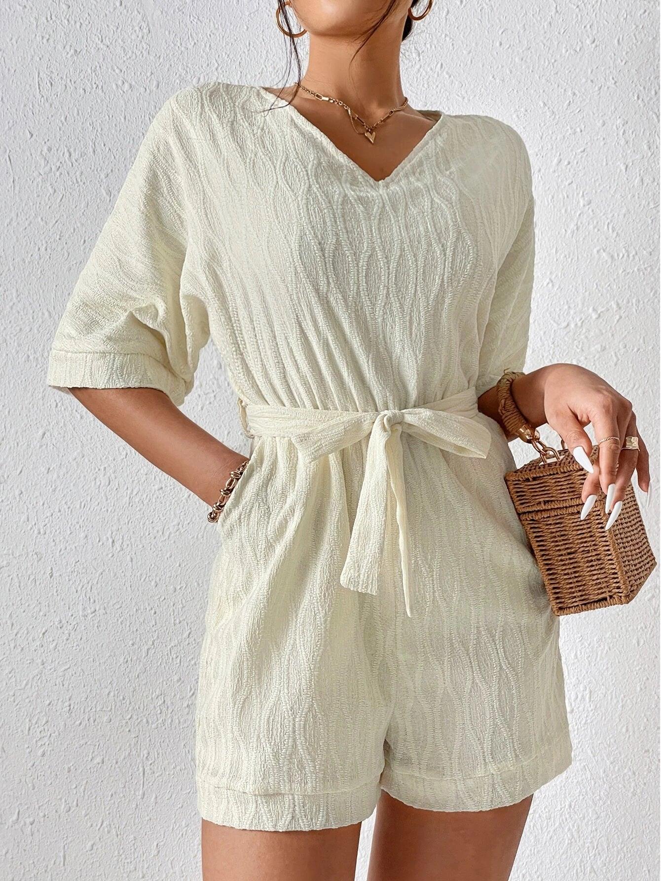 Batwing Sleeve Romper With Belt-Comfy Jumpsuits