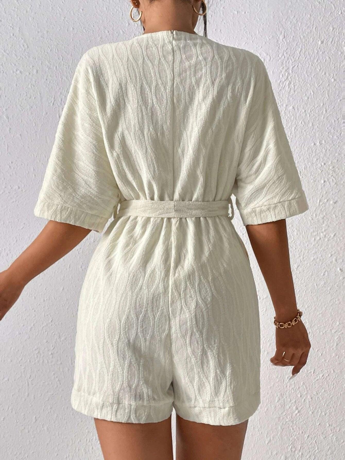 Batwing Sleeve Romper With Belt-Comfy Jumpsuits