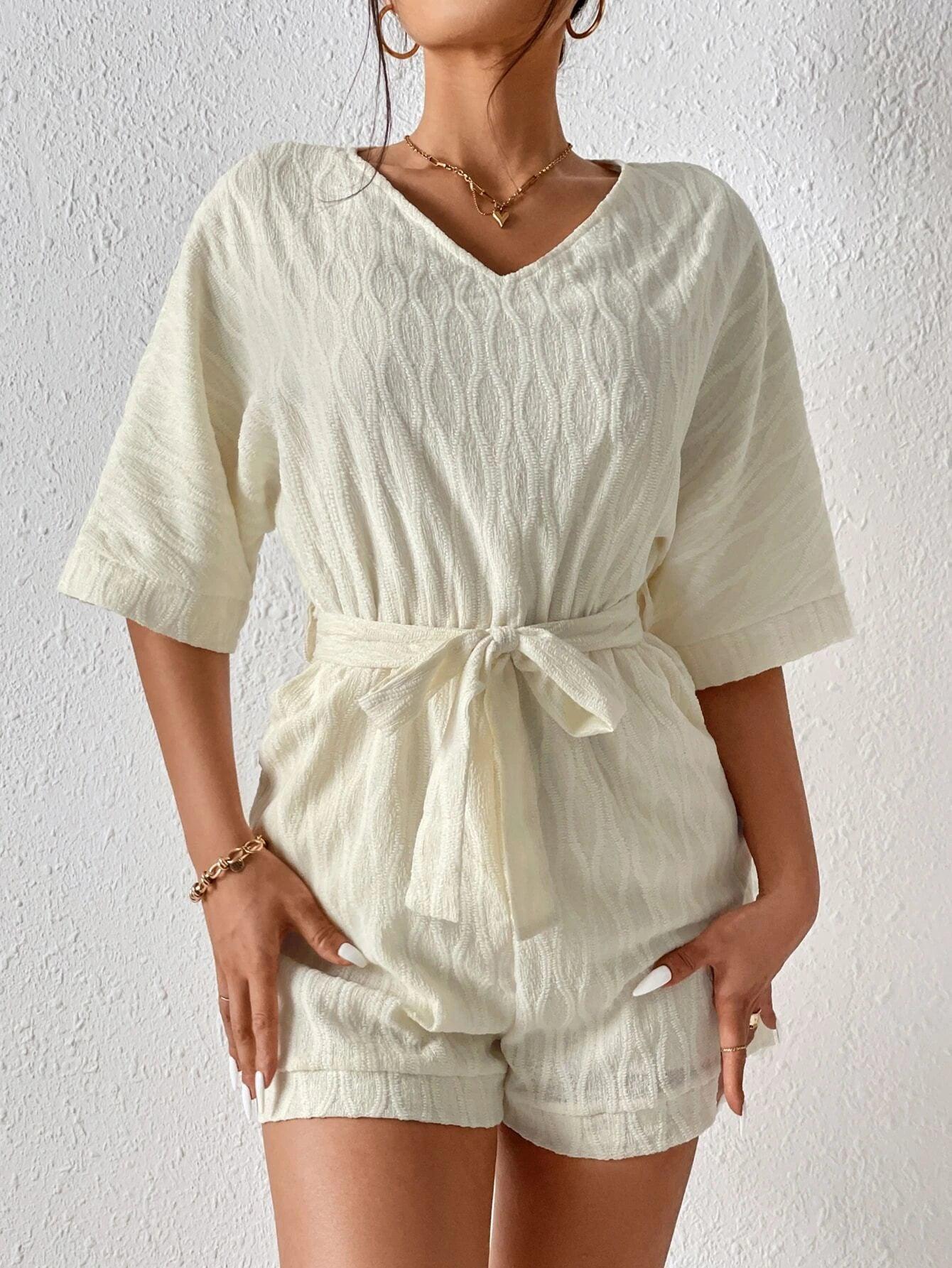 Batwing Sleeve Romper With Belt-Comfy Jumpsuits