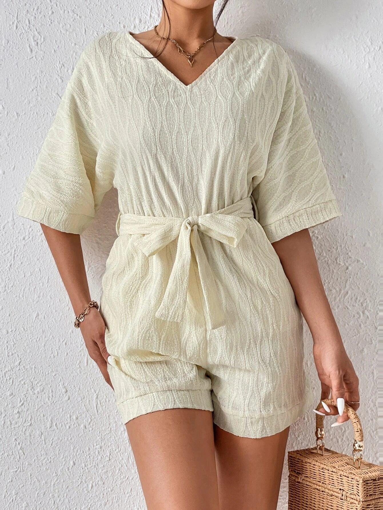 Batwing Sleeve Romper With Belt-Comfy Jumpsuits