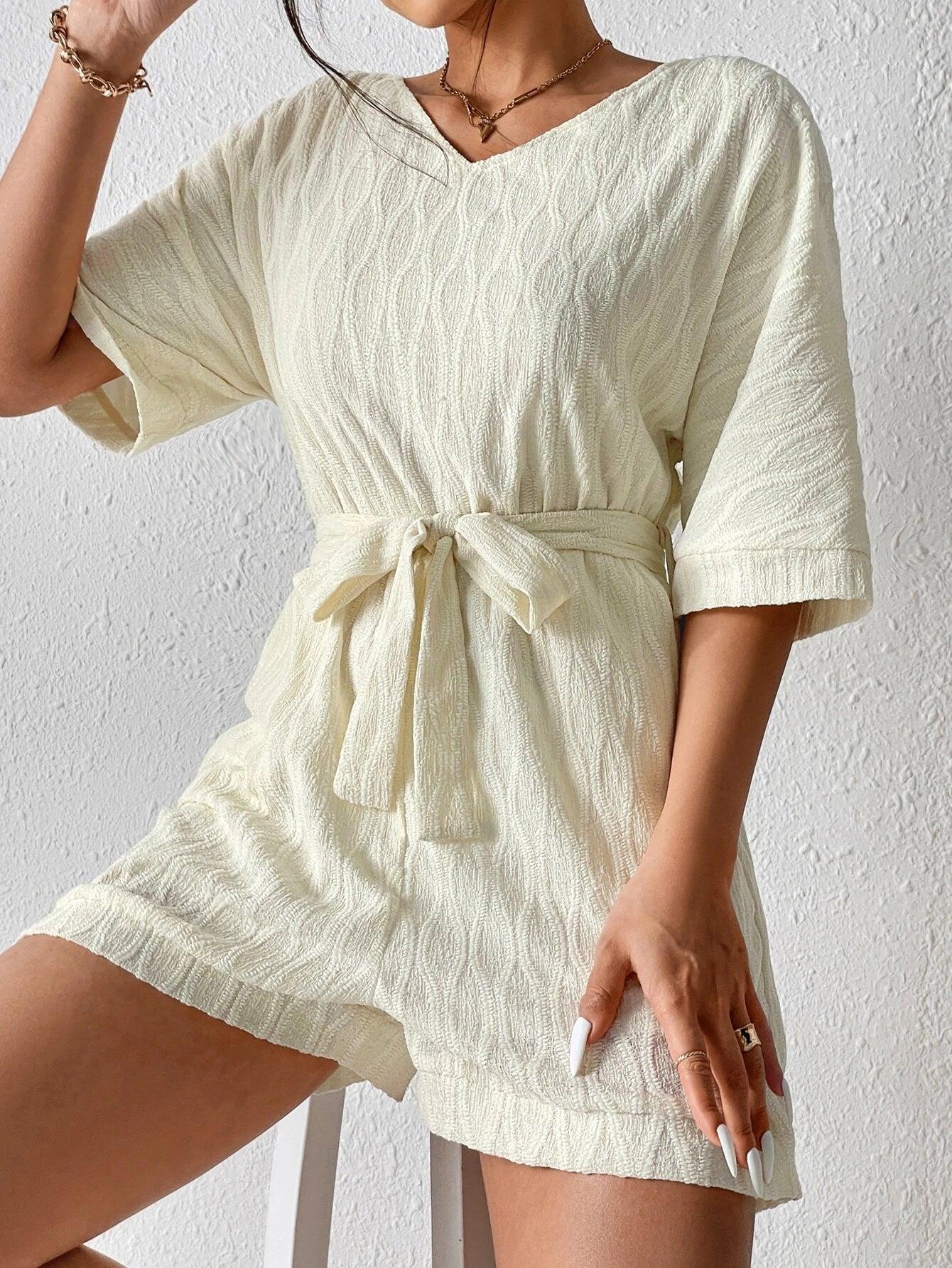 Batwing Sleeve Romper With Belt-Comfy Jumpsuits