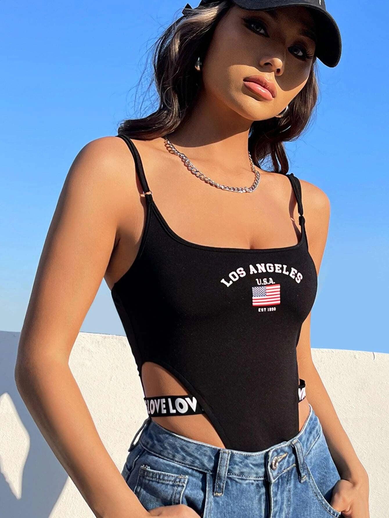 Flag & Letter Graphic Cut Out Cami Bodysuit-Comfy Jumpsuits