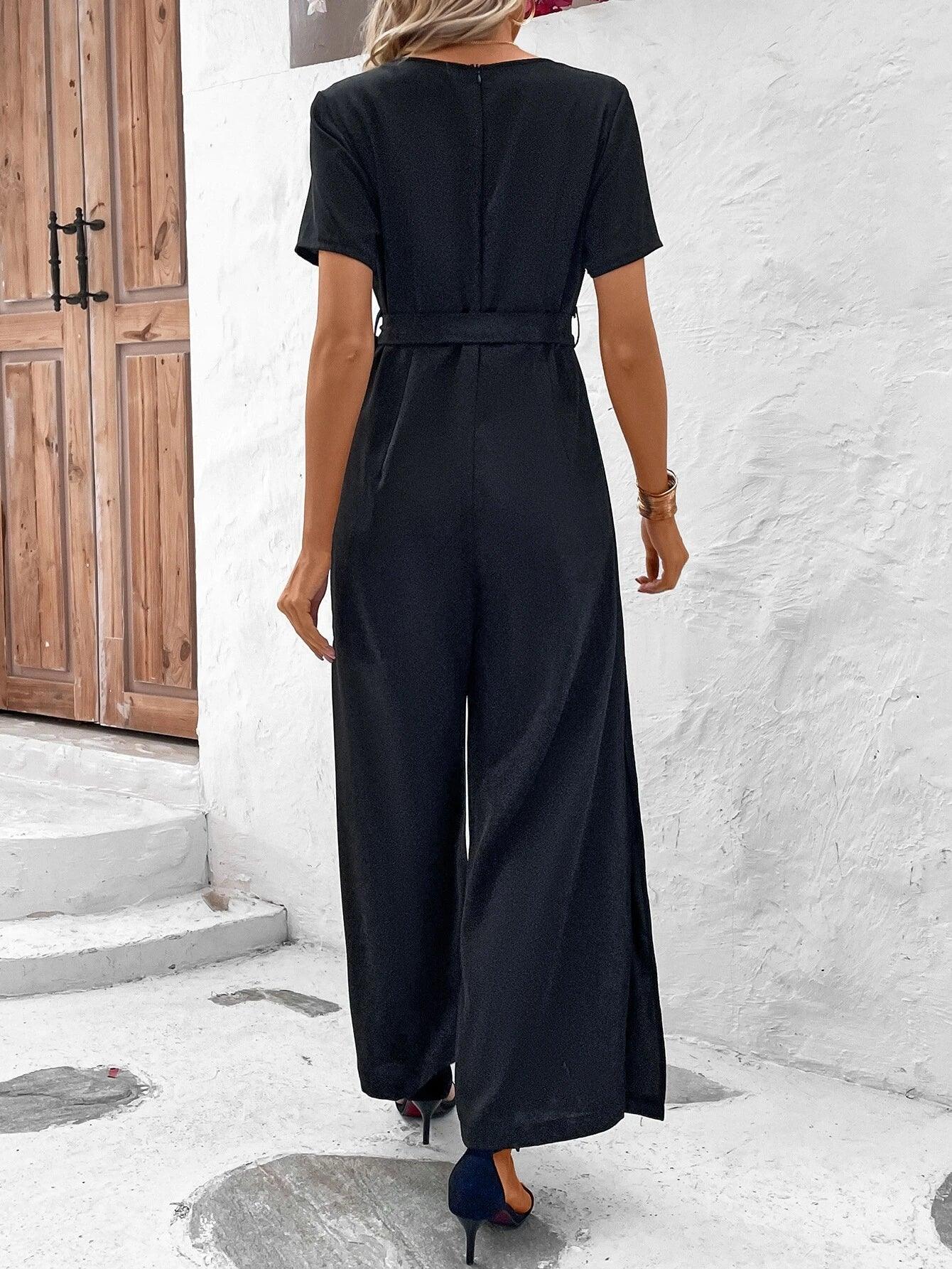 Solid Colored Short Sleeve Jumpsuit-Comfy Jumpsuits