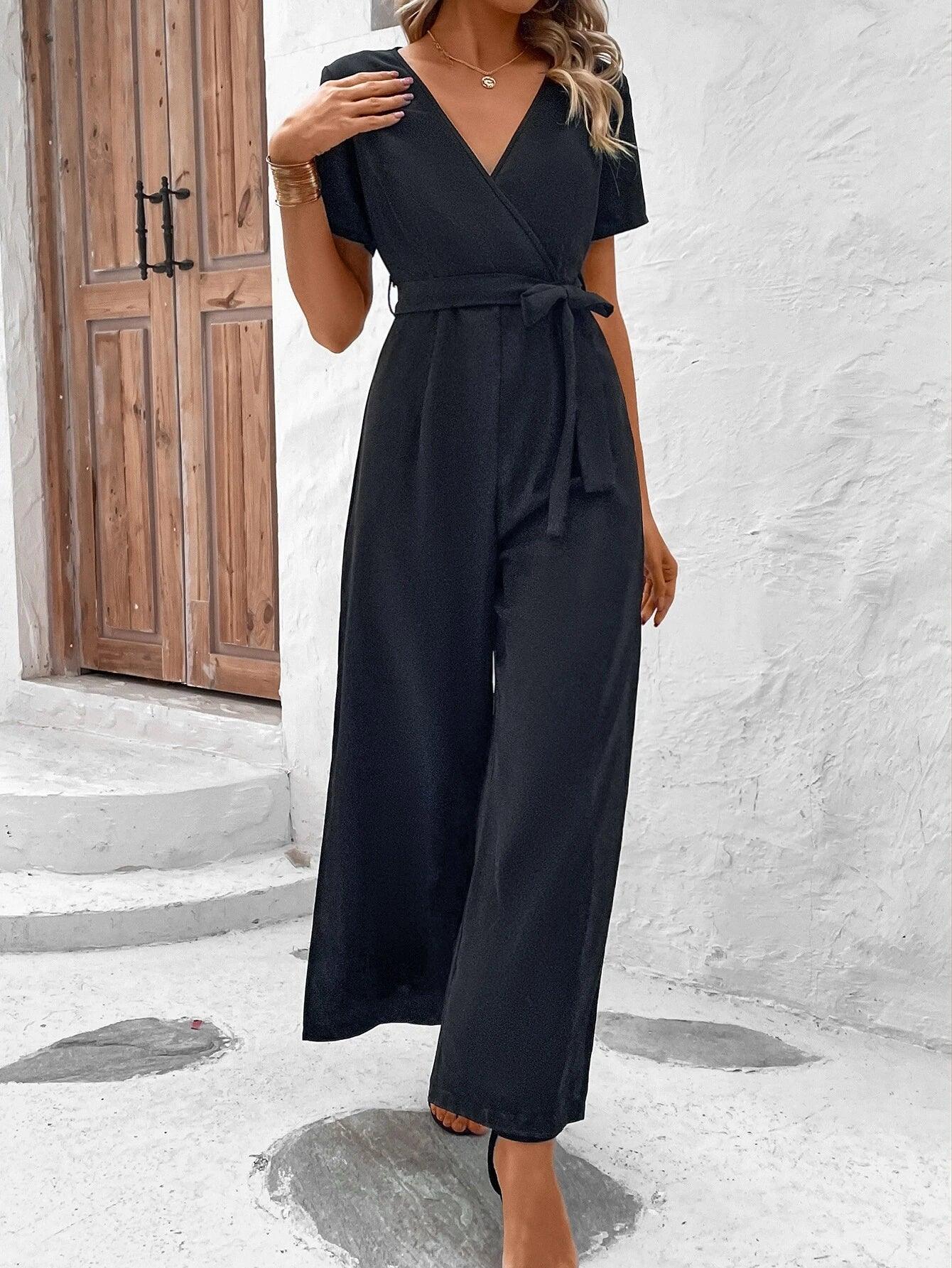 Solid Colored Short Sleeve Jumpsuit-Comfy Jumpsuits