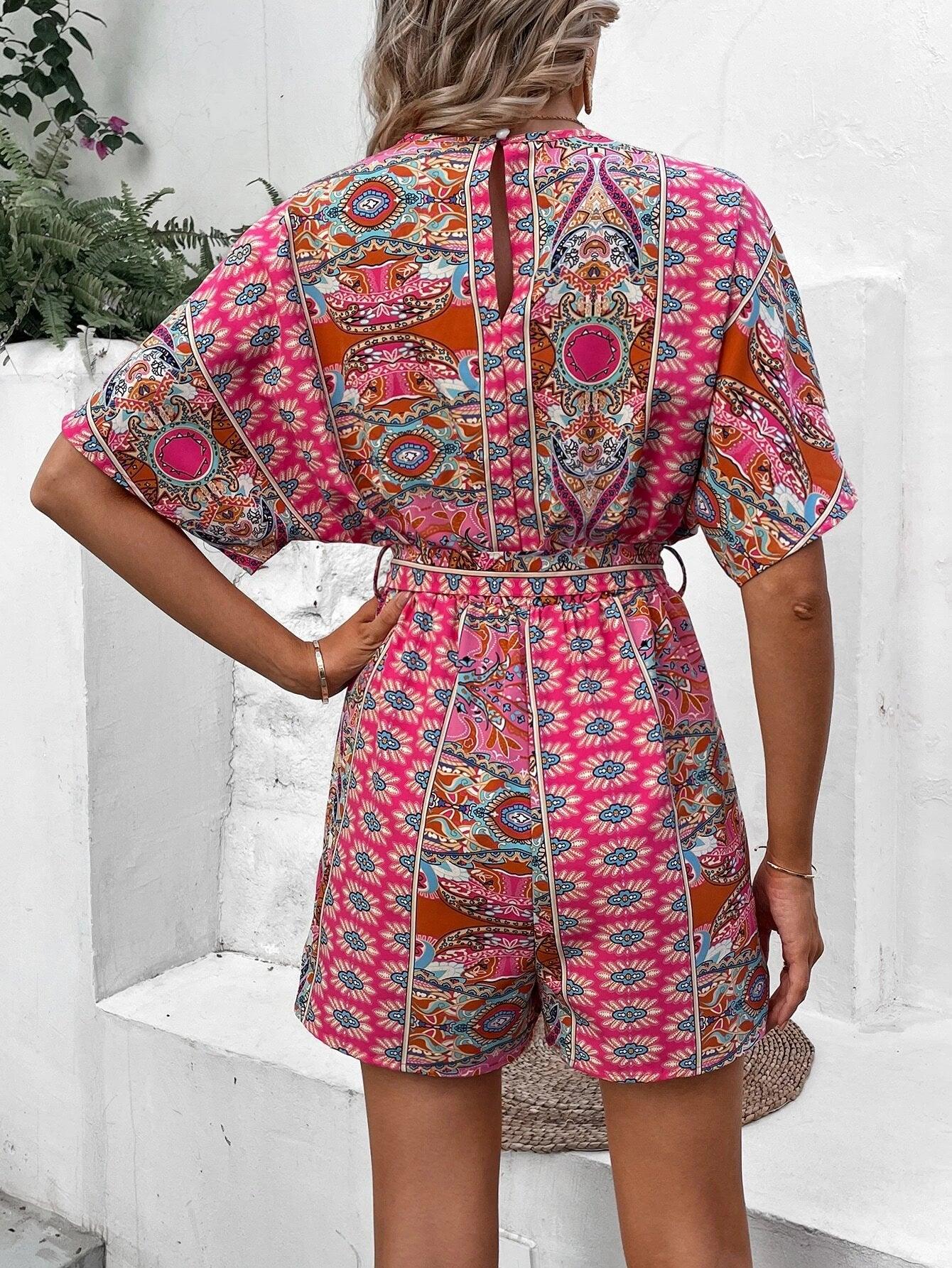 V Neck Printed Sleeve Belted Romper-Comfy Jumpsuits