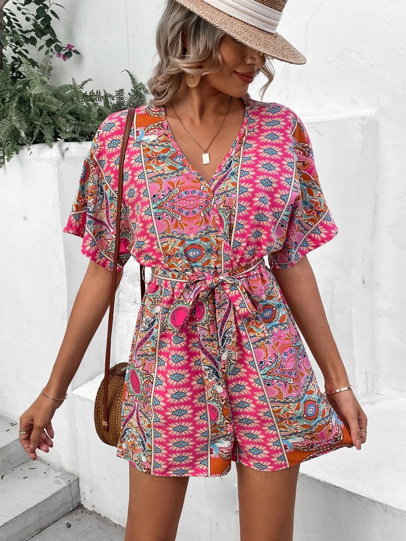V Neck Printed Sleeve Belted Romper-Comfy Jumpsuits
