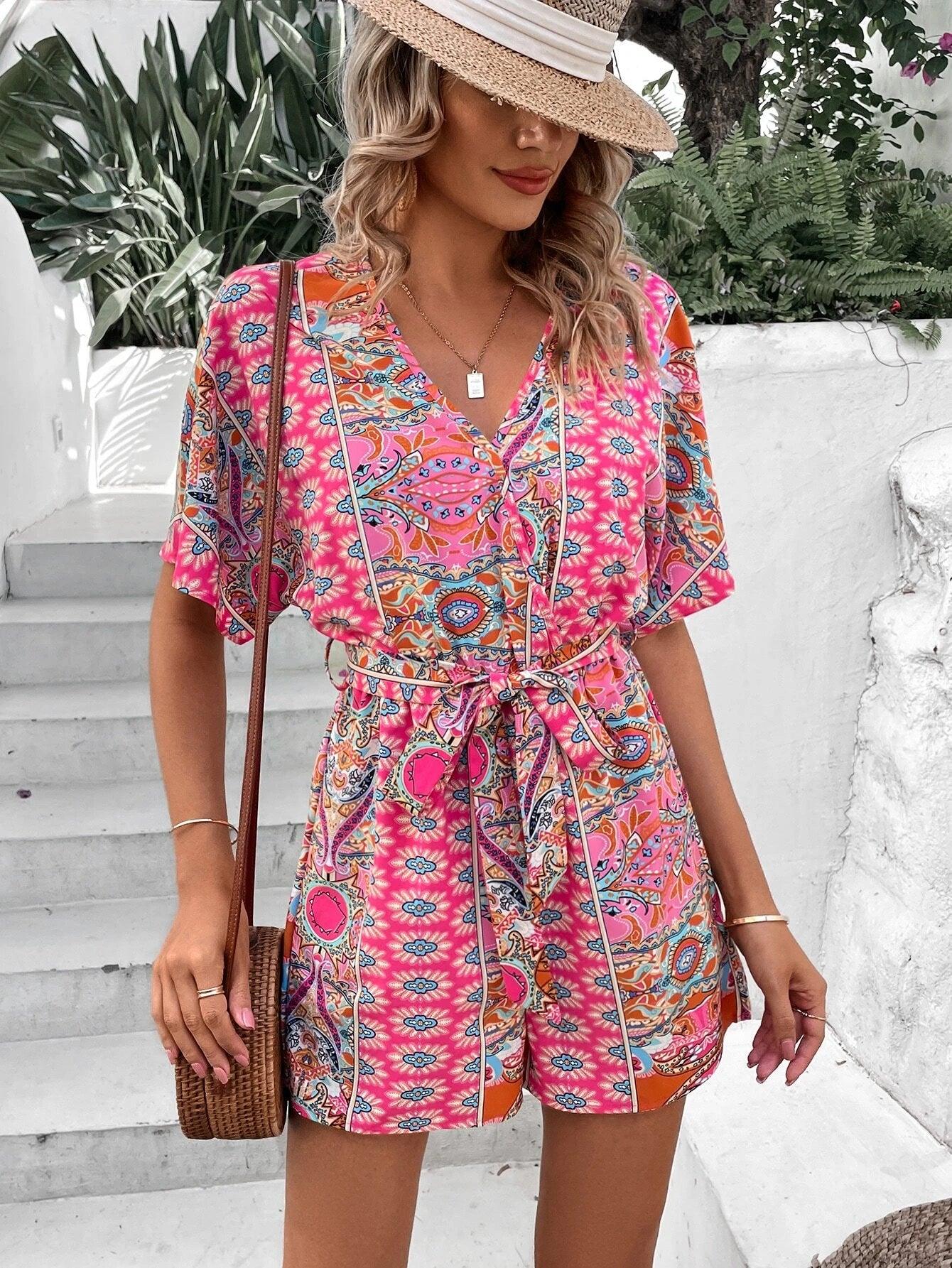 V Neck Printed Sleeve Belted Romper-Comfy Jumpsuits