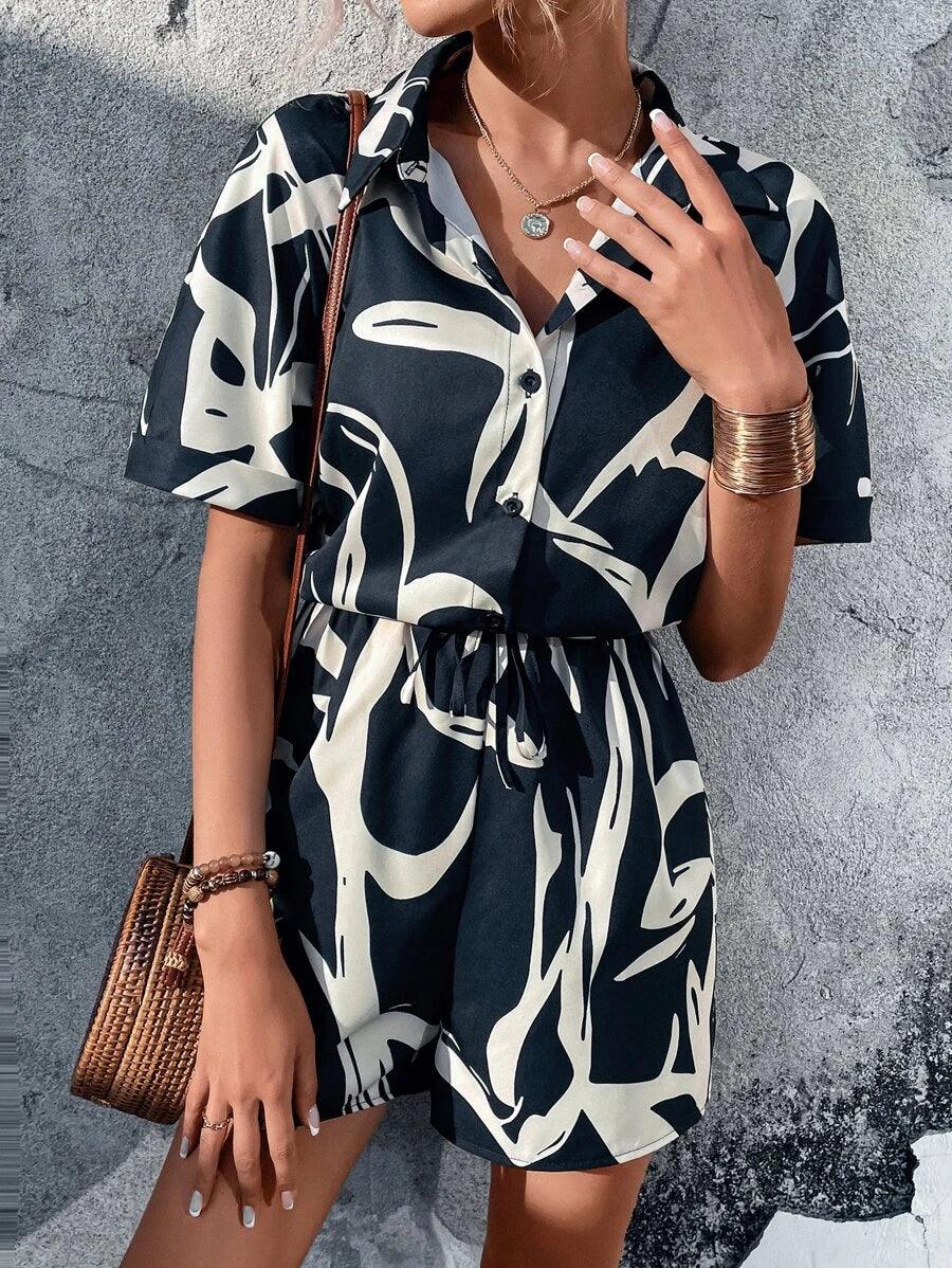 Graphic Print Front Knot Romper-Comfy Jumpsuits