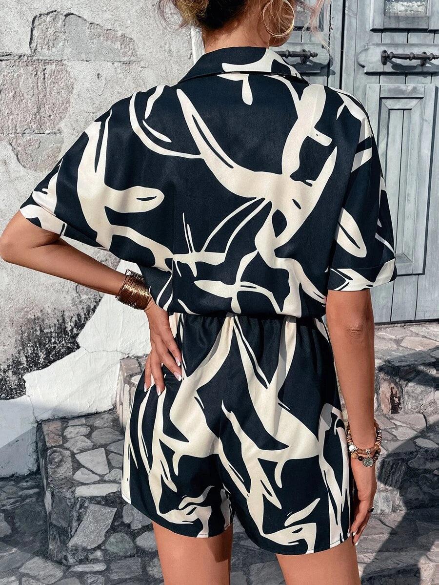 Graphic Print Front Knot Romper-Comfy Jumpsuits