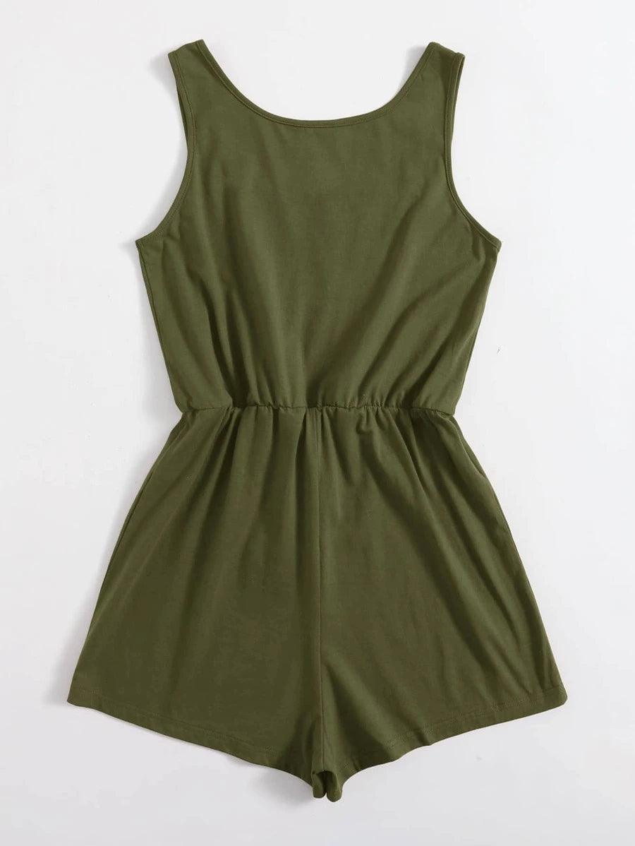 Drawstring Waist Button Front Tank Romper-Comfy Jumpsuits