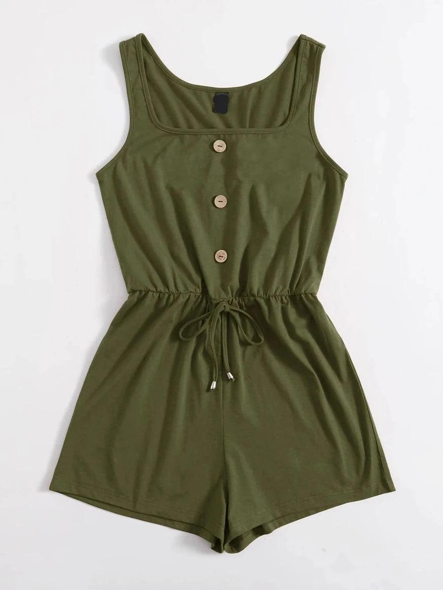 Drawstring Waist Button Front Tank Romper-Comfy Jumpsuits