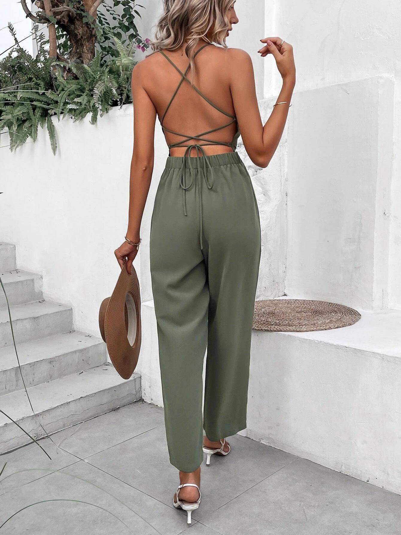 Lace Up Backless Cami Jumpsuit-Comfy Jumpsuits