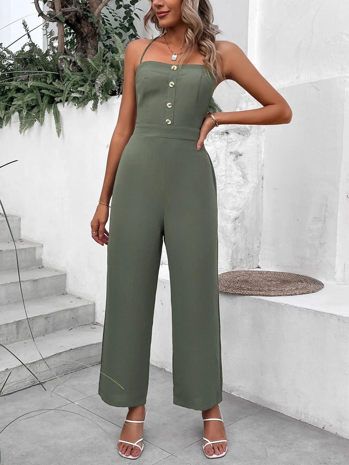 Lace Up Backless Cami Jumpsuit-Comfy Jumpsuits