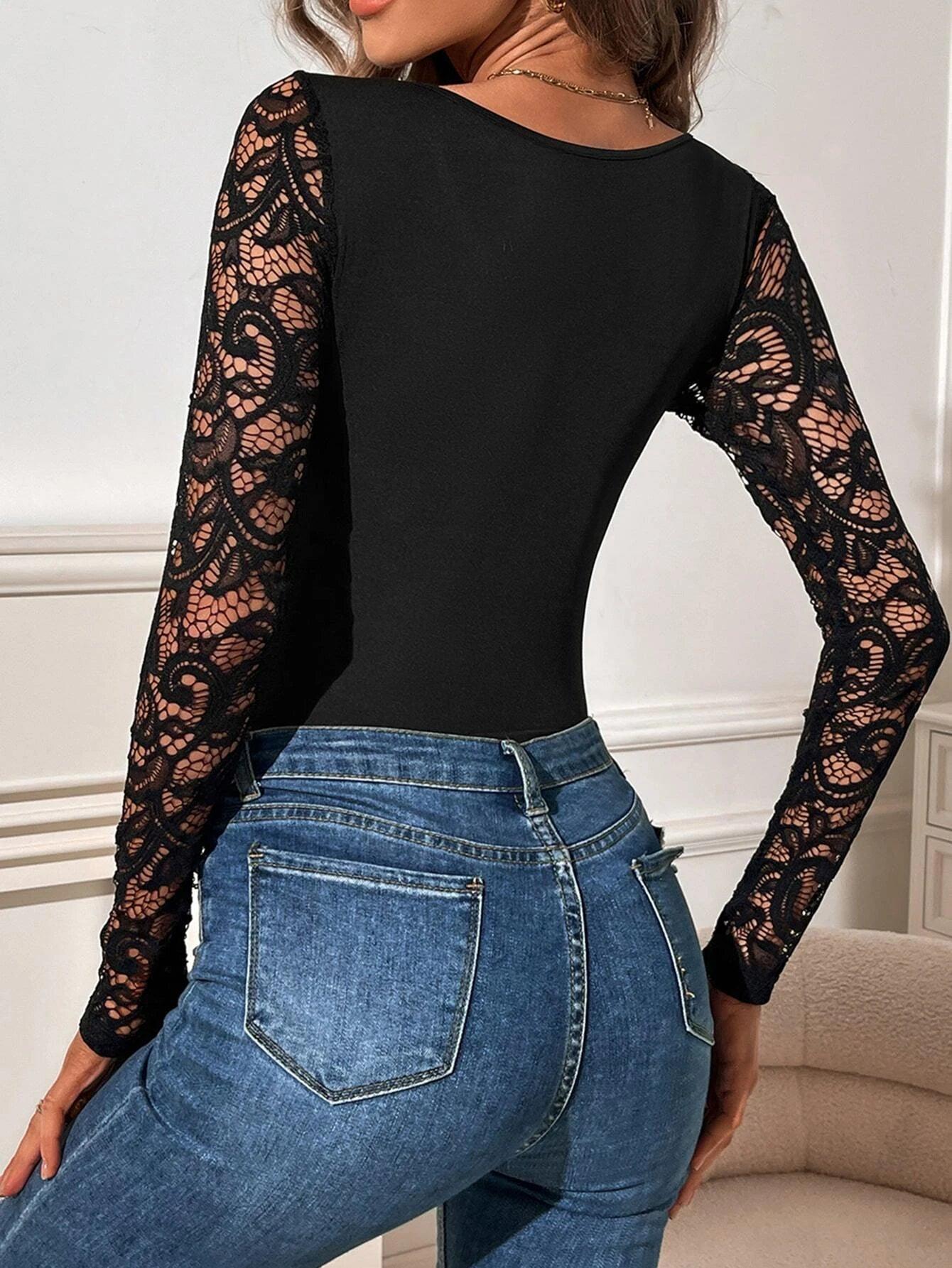 Contrast Lace Neck Bodysuit-Comfy Jumpsuits